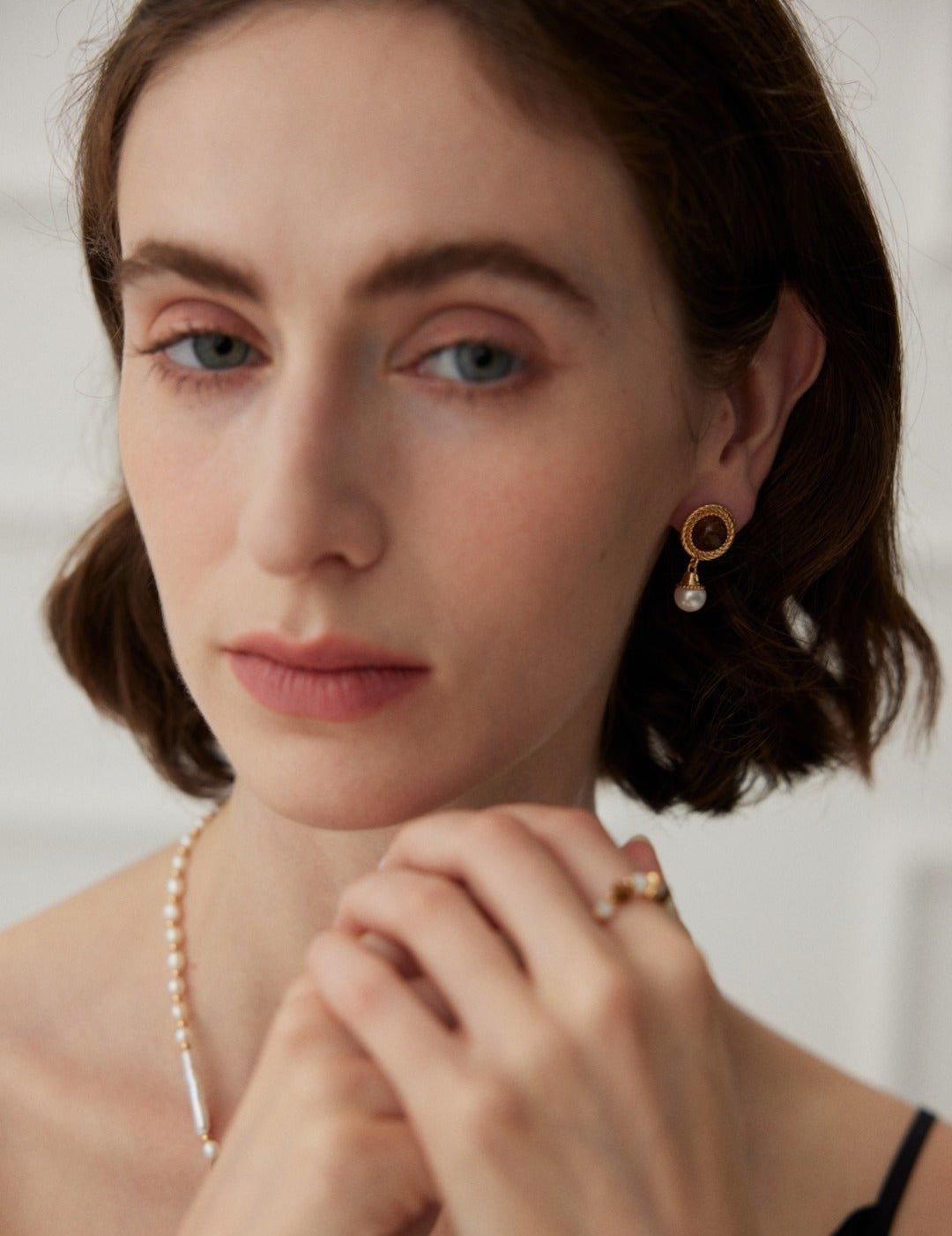 Tiger Eye Gemstone Pearl Pendant Earrings - Gembea Jewelry