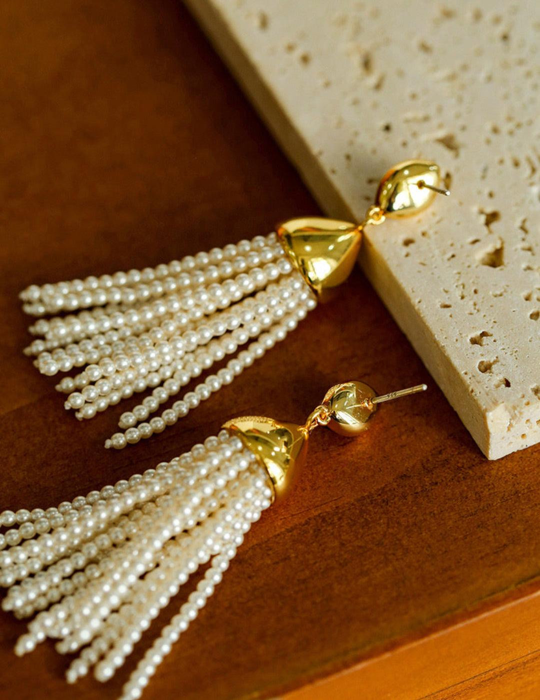 Tiger Eye Stone Princess Tassel Pearl Earrings - Gembea Jewelry