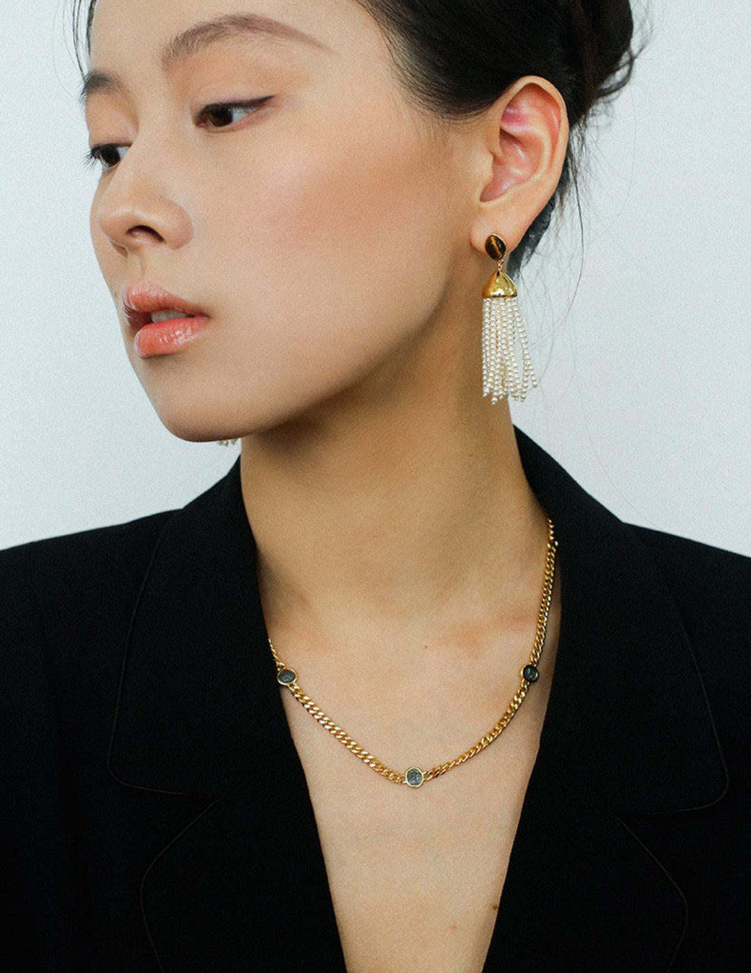 Tiger Eye Stone Princess Tassel Pearl Earrings - Gembea Jewelry