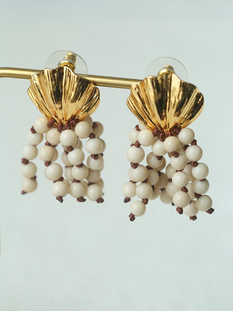 Vacation White Fossil Bead Tassel Earrings gembea jewelry