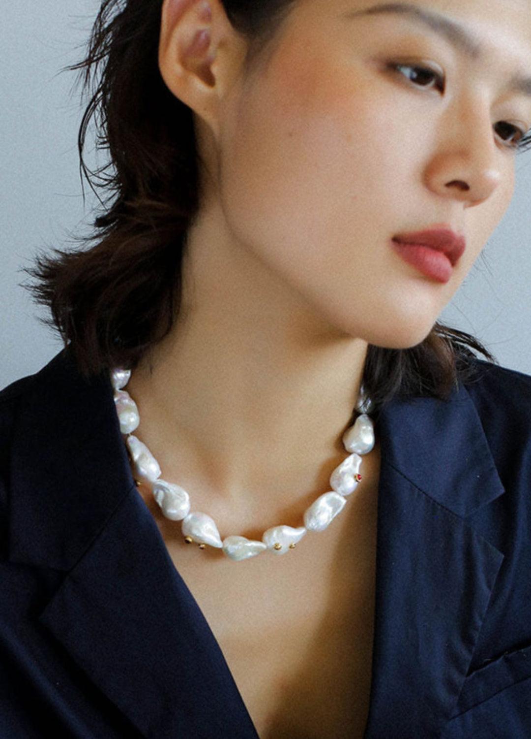 Vintage Crystal Set in Large Baroque Pearl Necklace - Gembea Jewelry