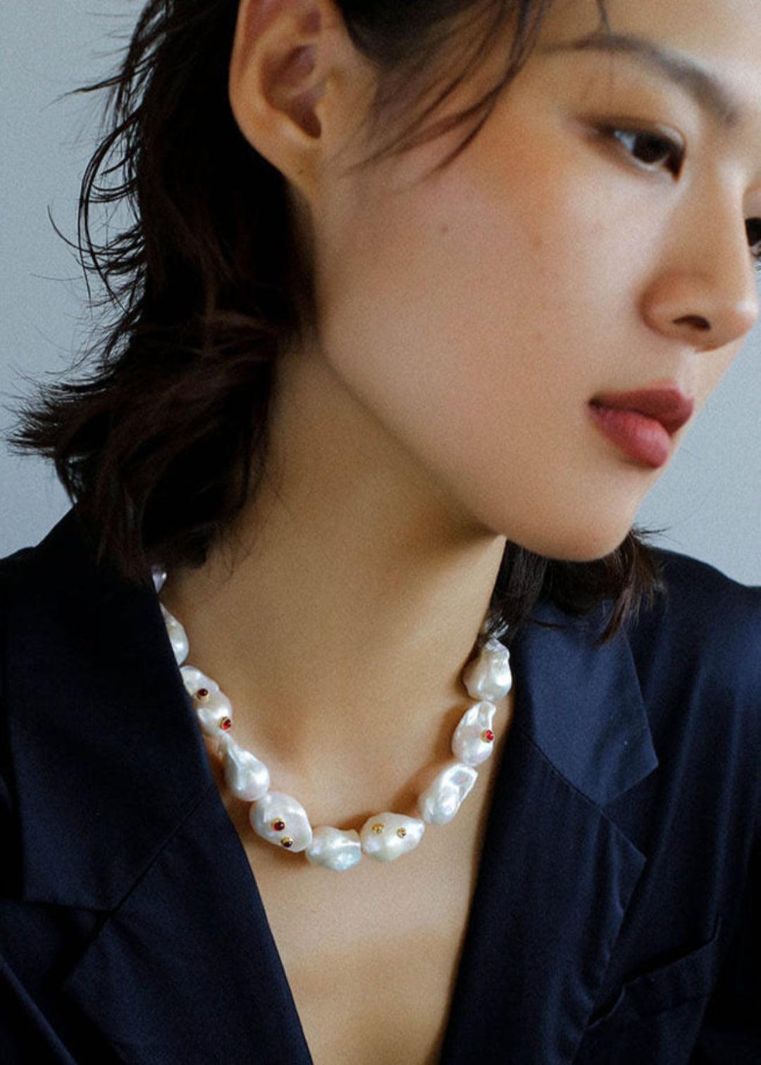 Vintage Crystal Set in Large Baroque Pearl Necklace - Gembea Jewelry