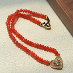 Vintage Heart Pendant Red Stone Bead Necklace gembea jewelry