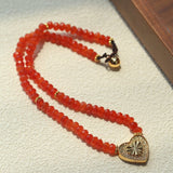 Vintage Heart Pendant Red Stone Bead Necklace gembea jewelry