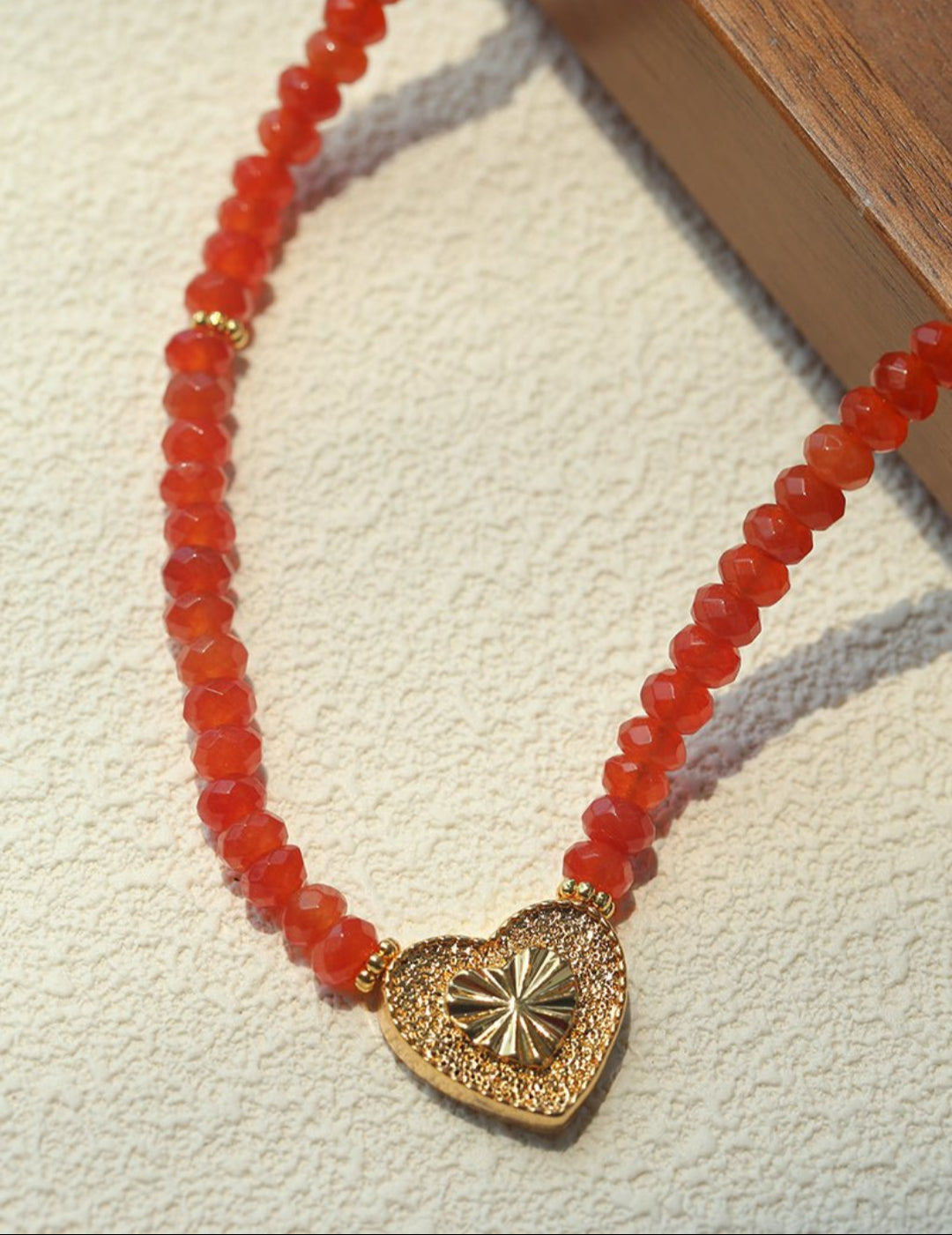 Vintage Heart Pendant Red Stone Bead Necklace gembea jewelry