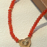 Vintage Heart Pendant Red Stone Bead Necklace gembea jewelry