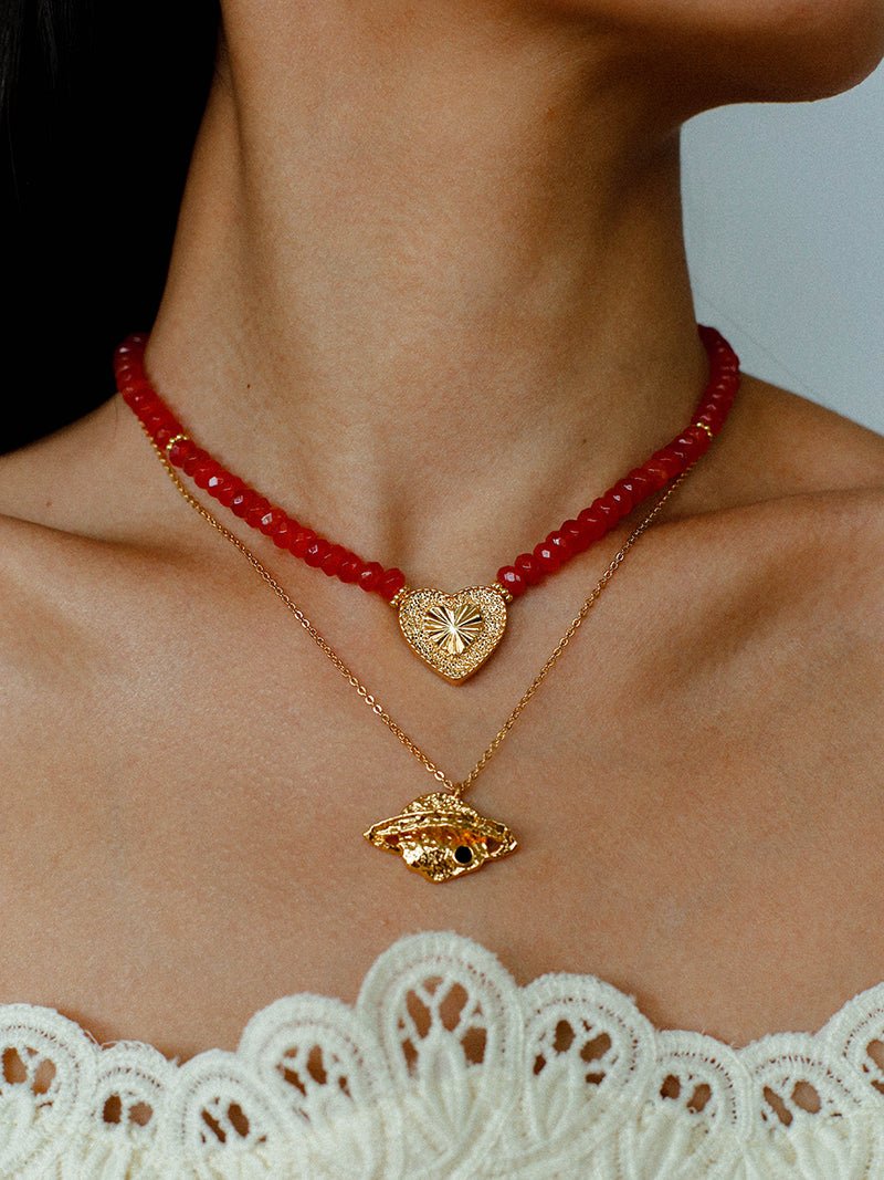 Vintage Heart Pendant Red Stone Bead Necklace gembea jewelry