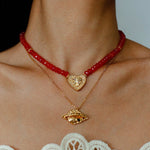 Vintage Heart Pendant Red Stone Bead Necklace gembea jewelry