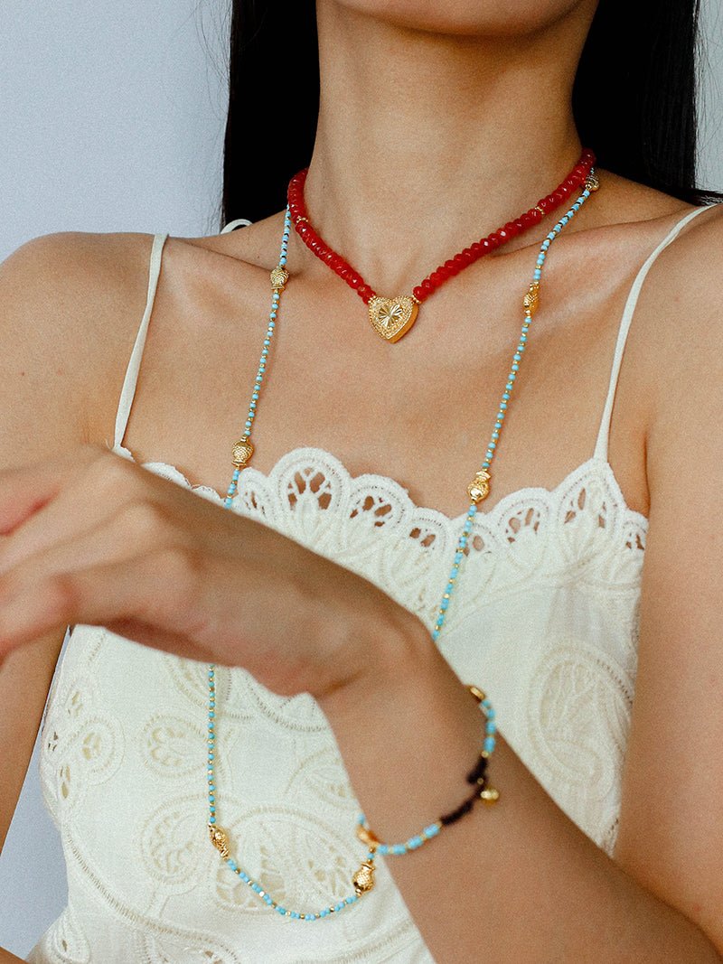 Vintage Heart Pendant Red Stone Bead Necklace gembea jewelry