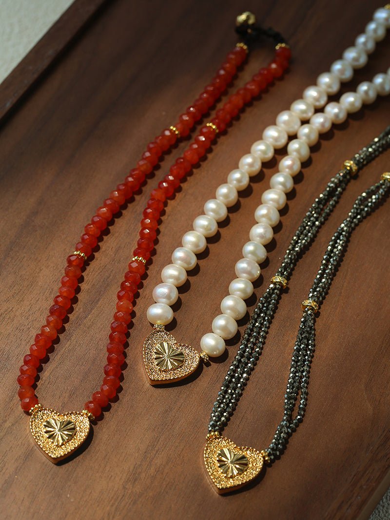 Vintage Heart Pendant Red Stone Bead Necklace gembea jewelry