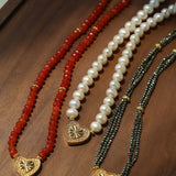 Vintage Heart Pendant Red Stone Bead Necklace gembea jewelry