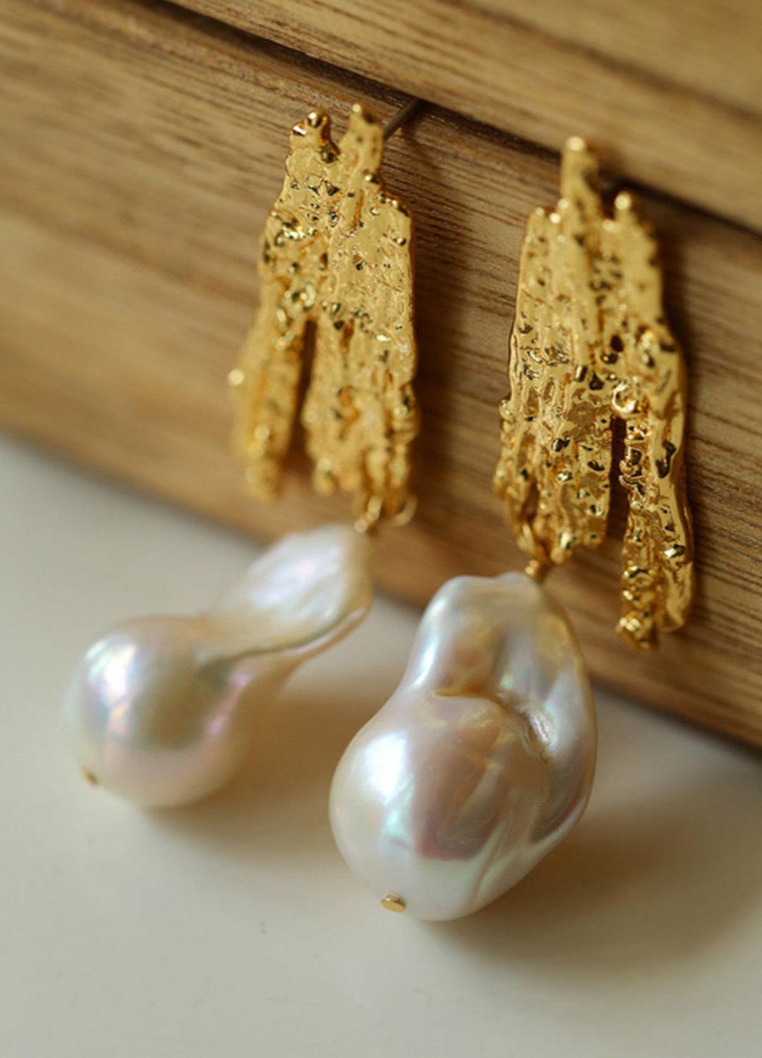 Vintage Lava Texture Natural Baroque Pearl Earrings - Gembea Jewelry