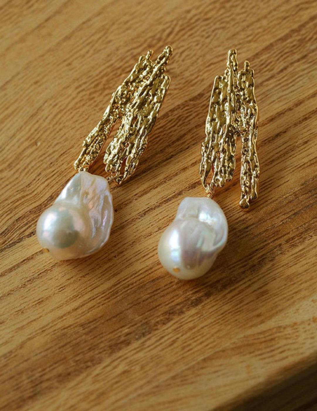 Vintage Lava Texture Natural Baroque Pearl Earrings - Gembea Jewelry