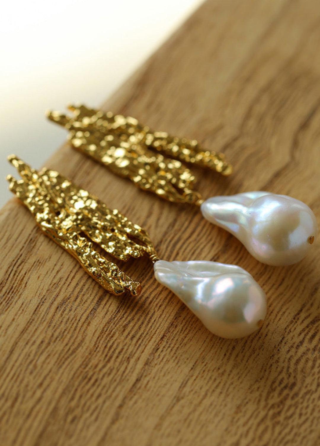Vintage Lava Texture Natural Baroque Pearl Earrings - Gembea Jewelry