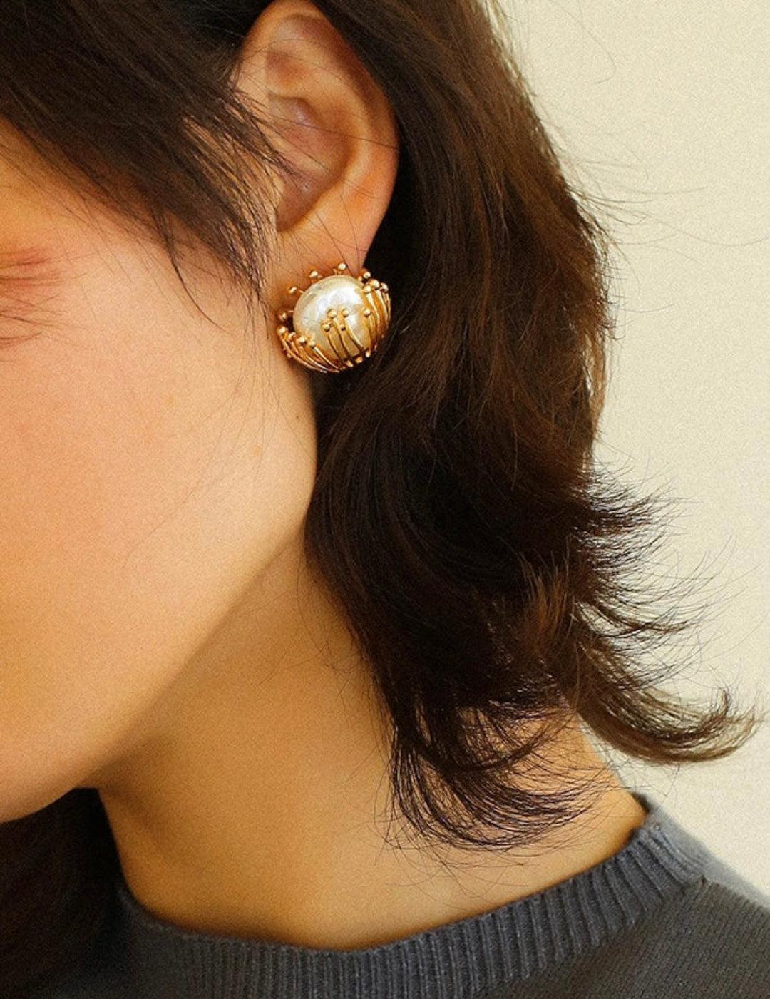 Vintage Metal Flowery Pearl Stud Earrings - Gembea Jewelry