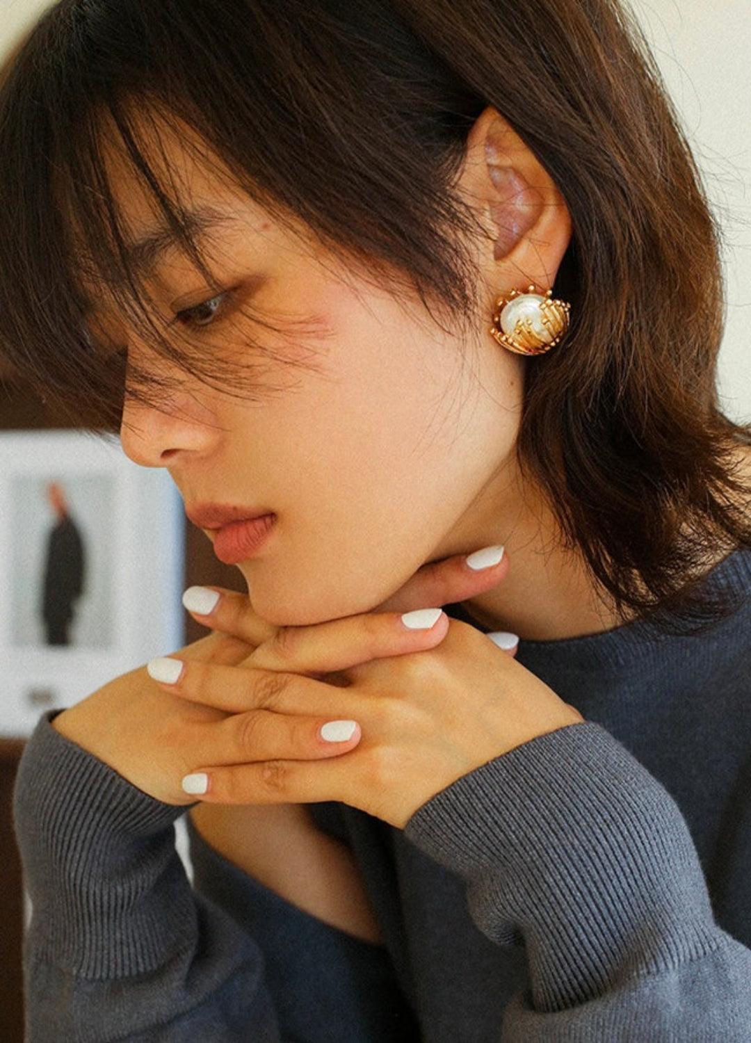 Vintage Metal Flowery Pearl Stud Earrings - Gembea Jewelry