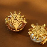 Vintage Metal Flowery Pearl Stud Earrings - Gembea Jewelry