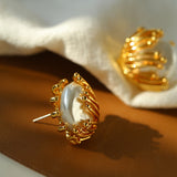 Vintage Metal Flowery Pearl Stud Earrings gembea jewelry
