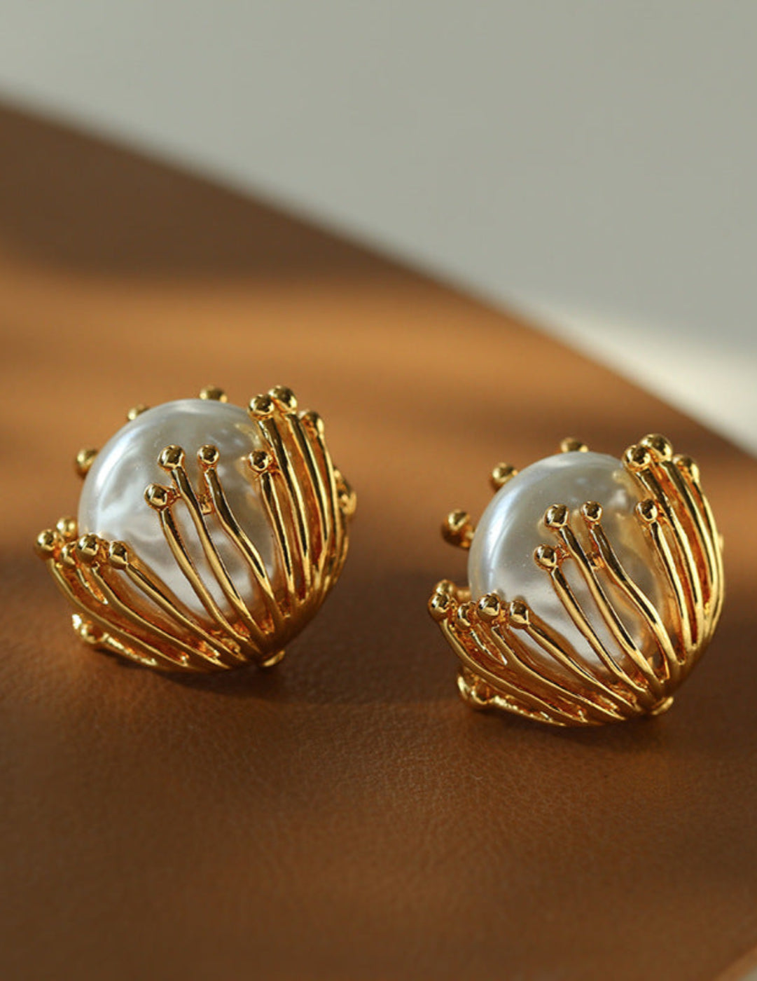 Vintage Metal Flowery Pearl Stud Earrings gembea jewelry