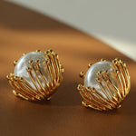 Vintage Metal Flowery Pearl Stud Earrings gembea jewelry