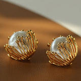 Vintage Metal Flowery Pearl Stud Earrings gembea jewelry