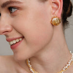 Vintage Metal Flowery Pearl Stud Earrings gembea jewelry