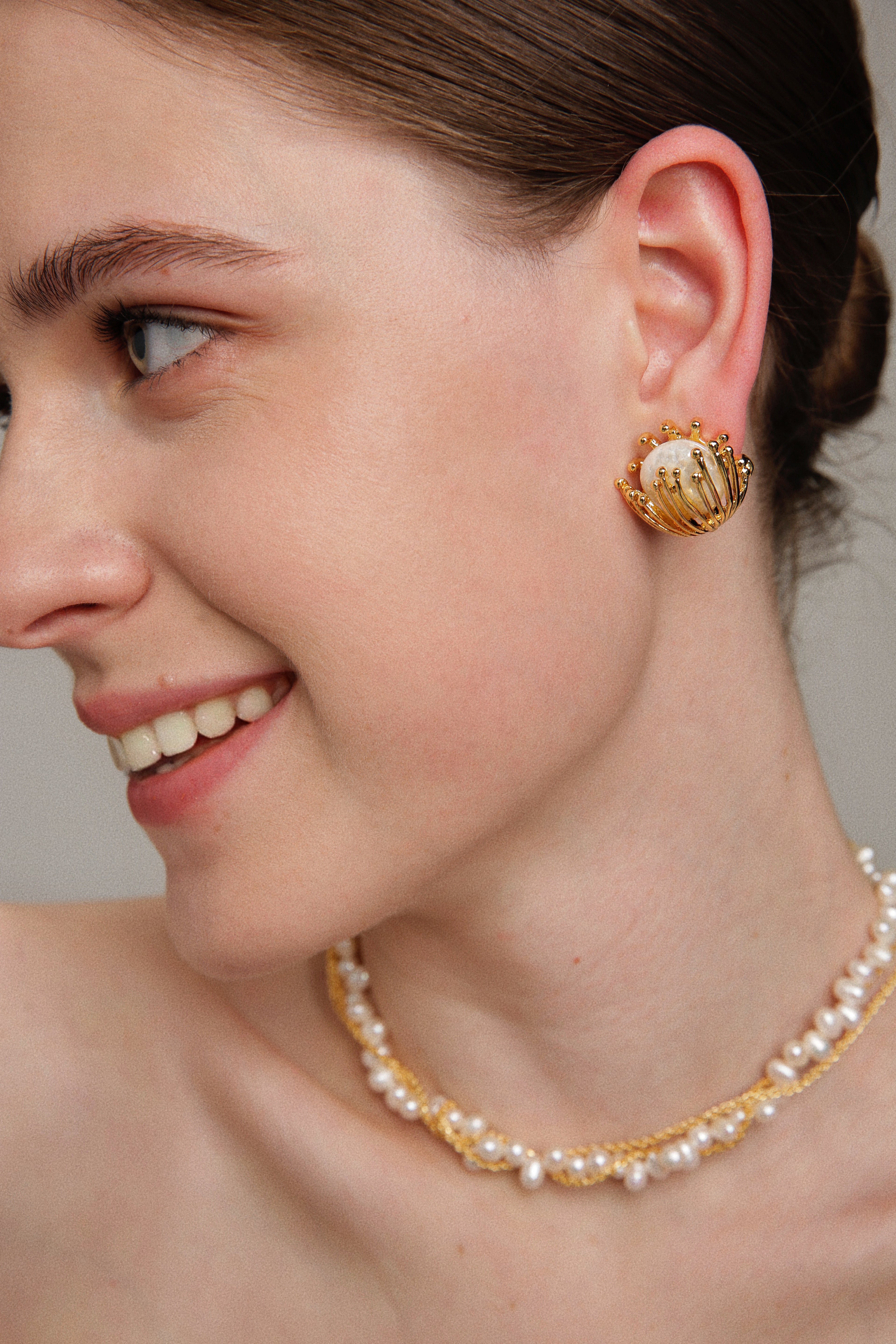 Vintage Metal Flowery Pearl Stud Earrings gembea jewelry