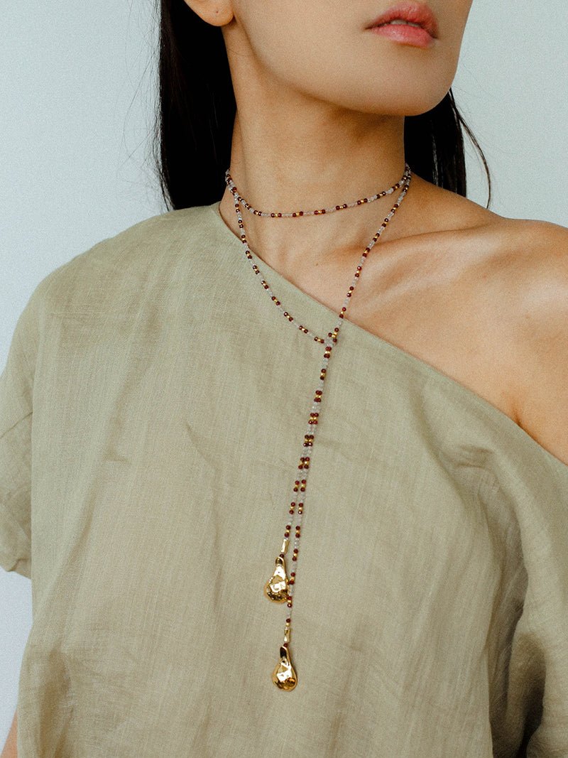 Vintage Spoon Pendant Garnet White Crystal Beaded Necklace