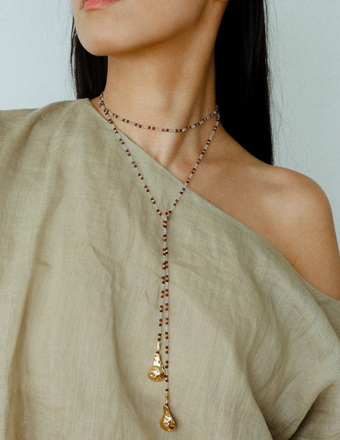 Vintage Spoon Pendant Garnet White Crystal Beaded Necklace