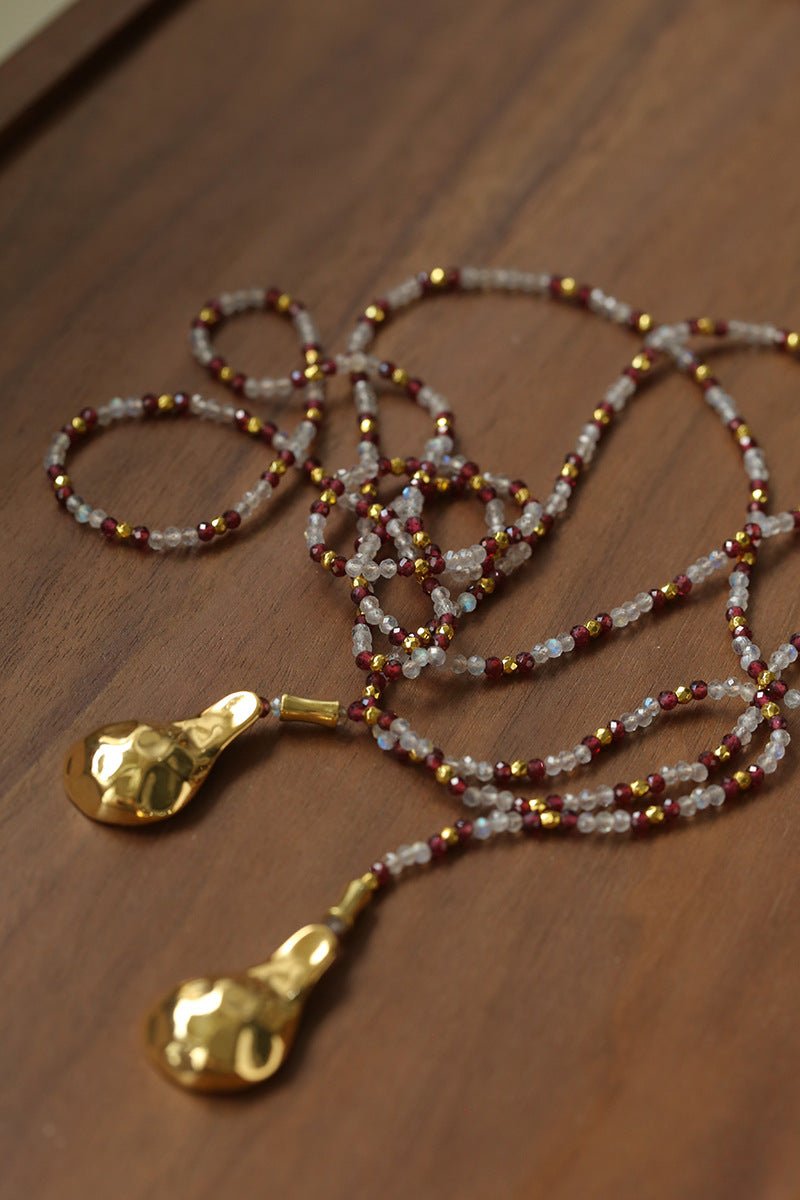 Vintage Spoon Pendant Garnet White Crystal Beaded Necklace