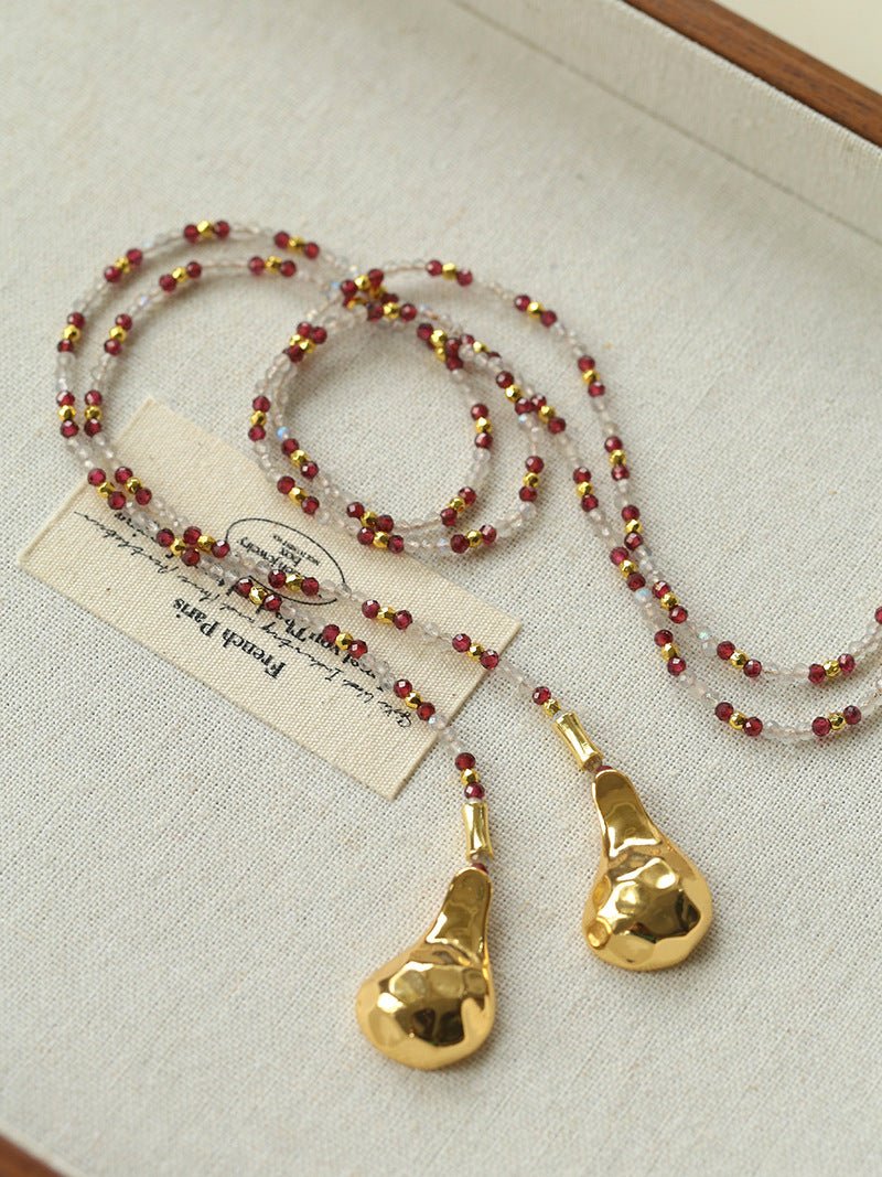 Vintage Spoon Pendant Garnet White Crystal Beaded Necklace