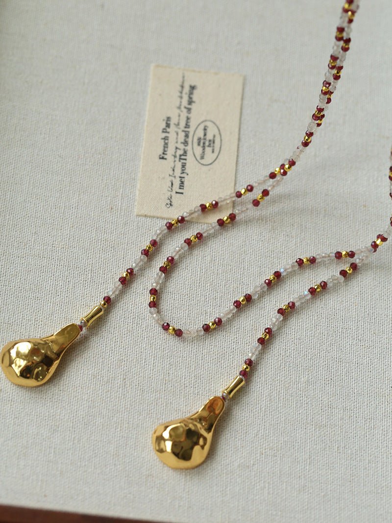 Vintage Spoon Pendant Garnet White Crystal Beaded Necklace
