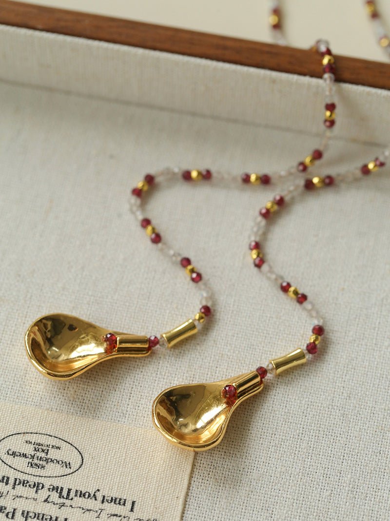 Vintage Spoon Pendant Garnet White Crystal Beaded Necklace