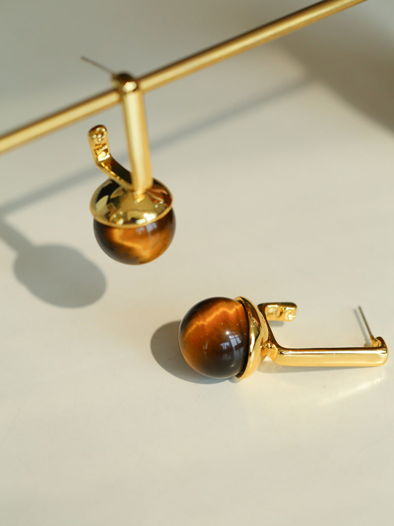 Vintage Tiger's Eye Stone Drop Earrings-Gembea Jewelry