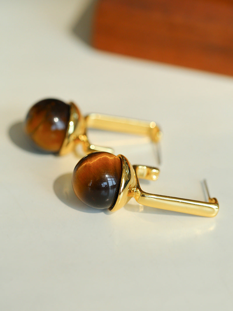 Vintage Tiger's Eye Stone Drop Earrings-Gembea Jewelry