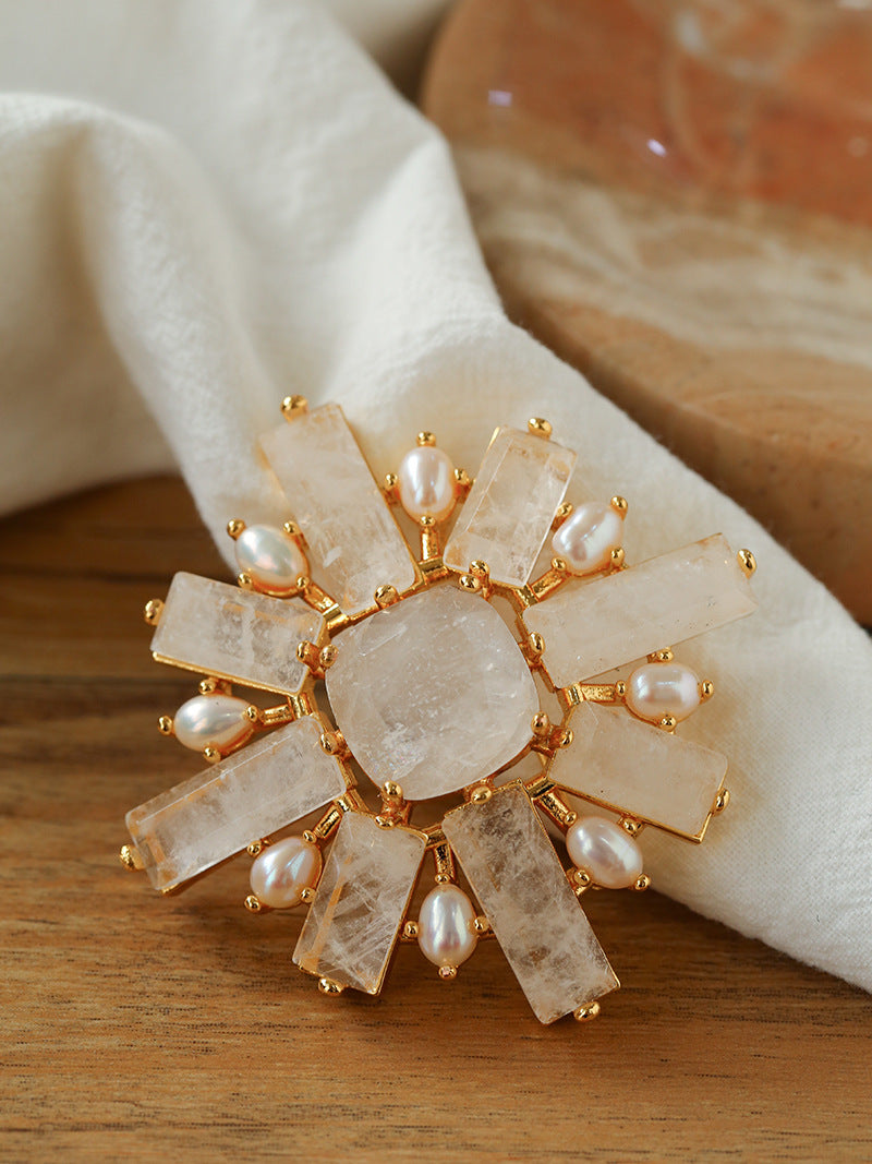 White Crystal Pearl Brooch gembea jewelry