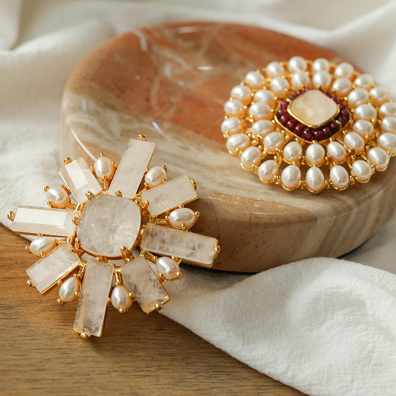 White Crystal Pearl Brooch gembea jewelry