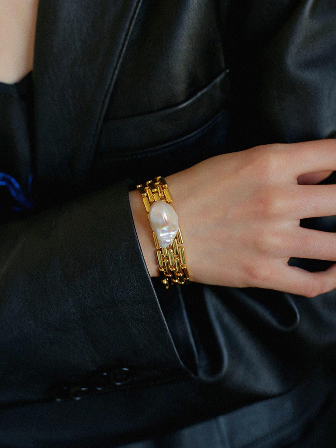 Wide Version Watch Chain Baroque Pearl Bracelet - Gembea Jewelry