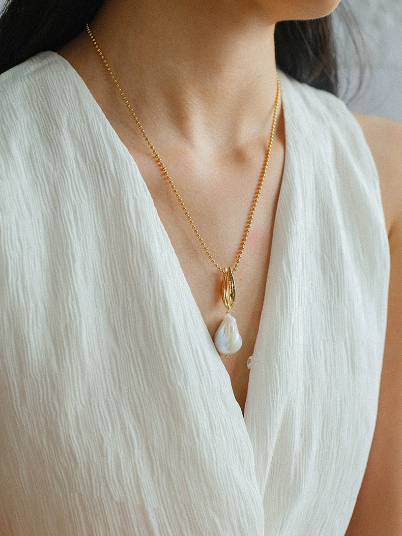 Willow Leaf Baroque Pearl Pendant Necklace gembea jewelry