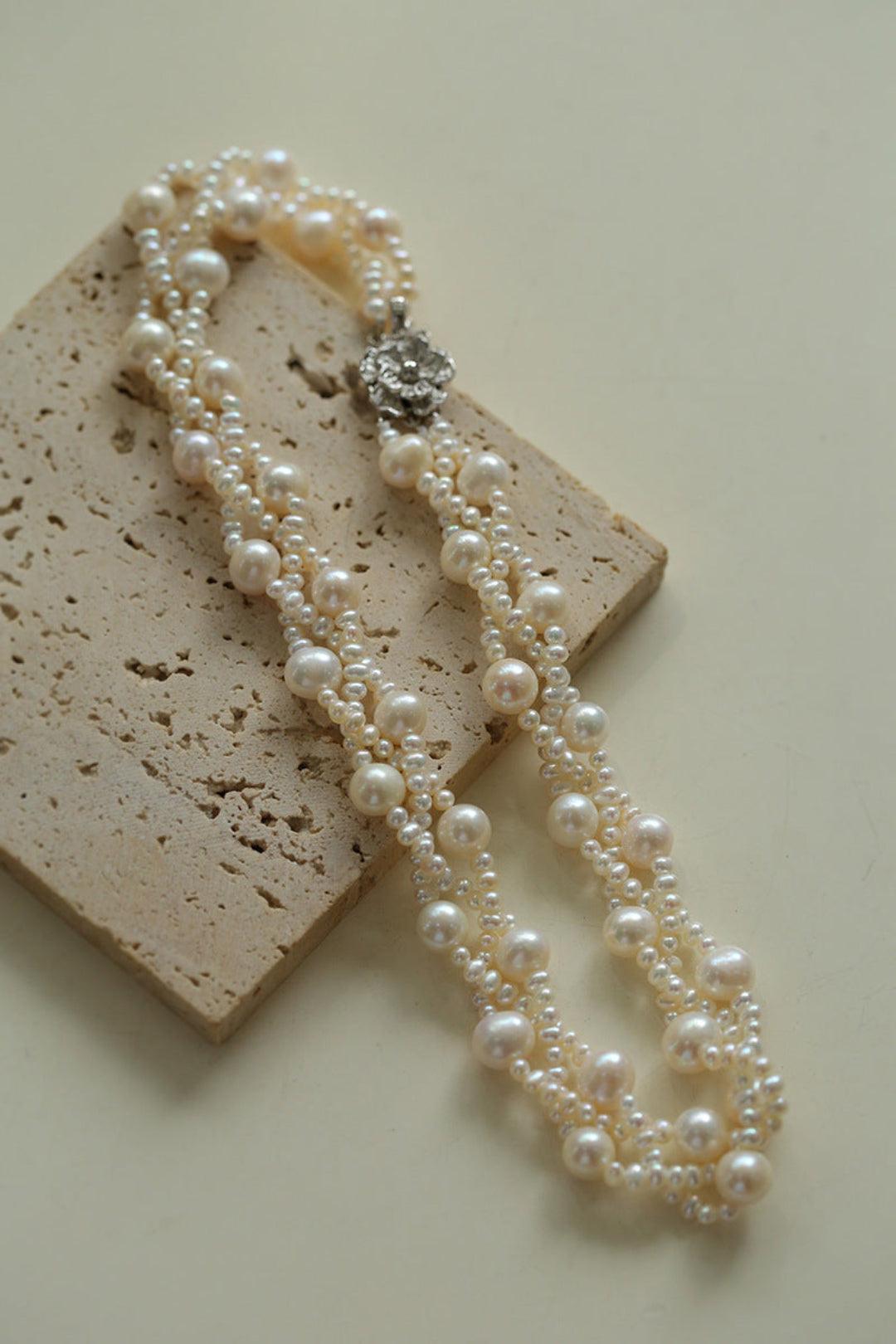 Hand Woven Winding Rice Bead Pearl Choker Necklace - Gembea Jewelry
