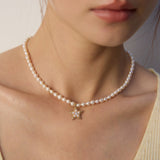 Zircon Star Pendant Pearl Beaded Necklace-Gembea Jewelry
