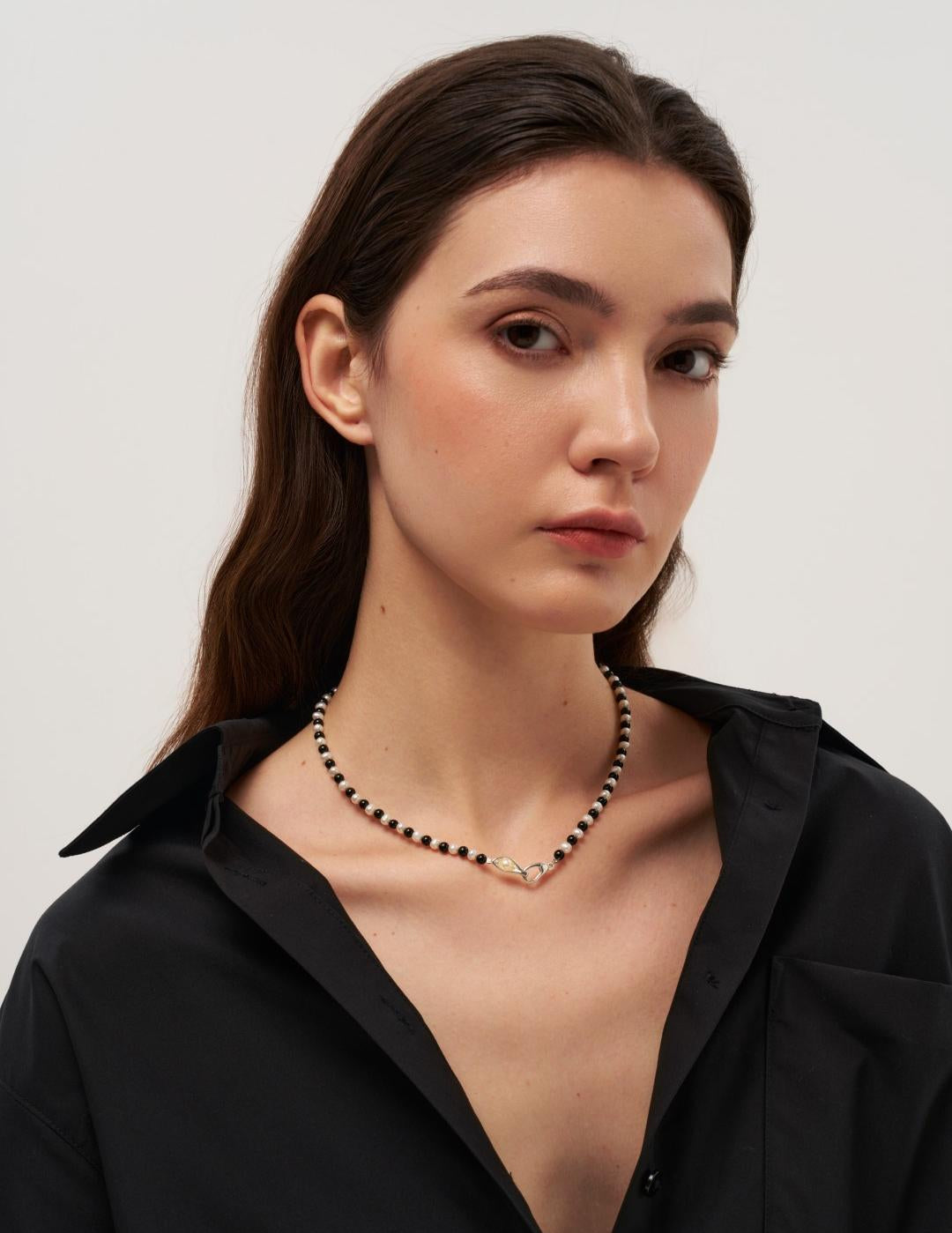 Bean Pod Black Agate Pearl Beaded Necklace gembea jewelry