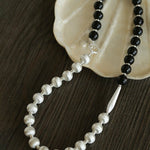 Silver Brushed Ebony Wood Sphere Bead Necklace-Gembea Jewelry