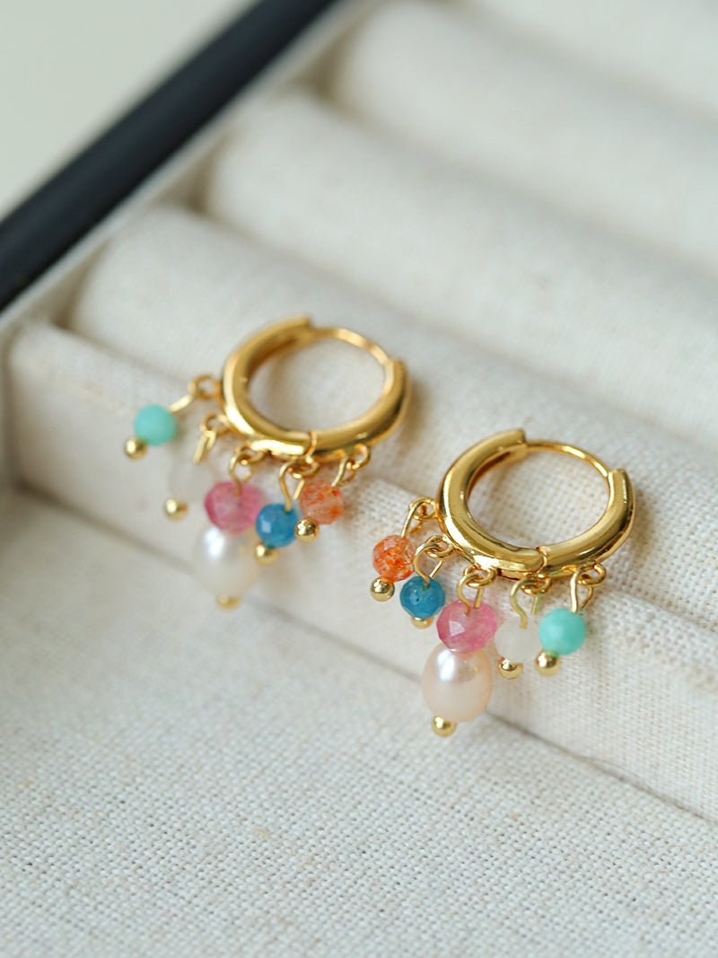 Colorful Stone Pearl Tassel Hoop Earrings gembea jewelry