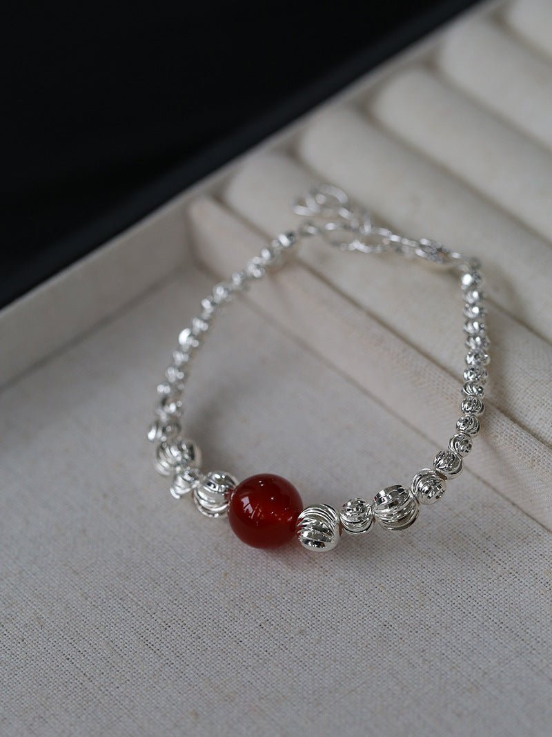 Graduated Silver Bean Red Black Agate Bracelet-Gembea jewelry