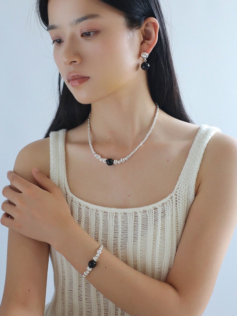 Graduated Silver Bean Red Black Agate Bracelet-Gembea jewelry