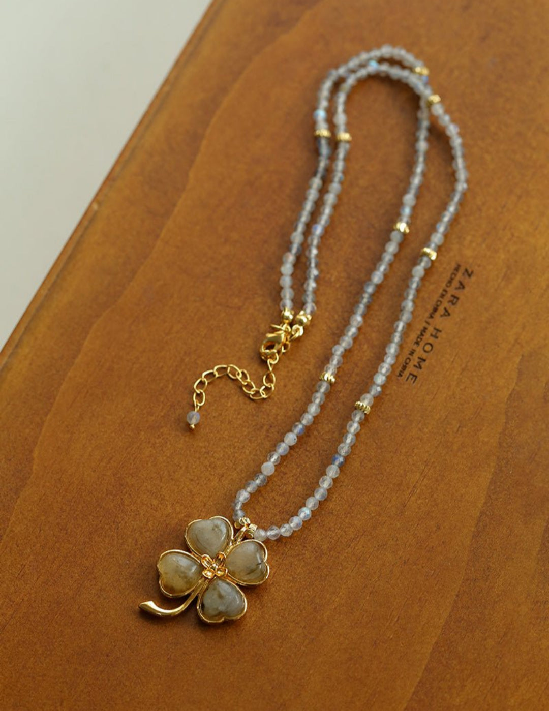 Lucky Four-leaf Clover Labradorite Charm Necklace-Gembea Jewelry