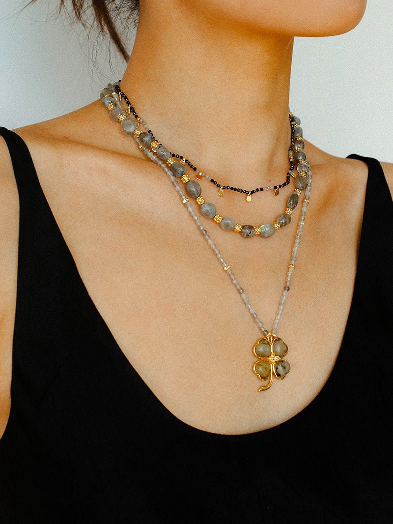 Lucky Four-leaf Clover Labradorite Charm Necklace-Gembea Jewelry