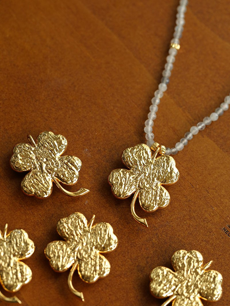 Lucky Four-leaf Clover Labradorite Charm Necklace-Gembea Jewelry
