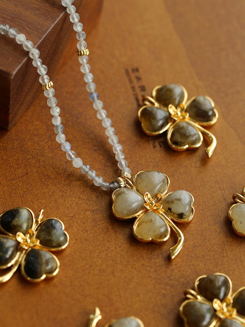 Lucky Four-leaf Clover Labradorite Charm Necklace-Gembea Jewelry